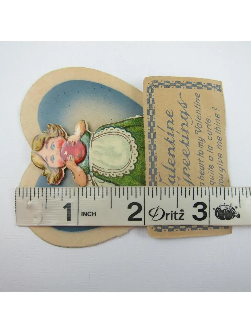 Vintage Valentine 3D Pop Up Die Cut Blonde Girl Green Dress Apron Apple UNSIGNED
